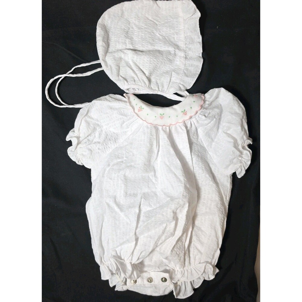 Vtg Mothercare Baby Girl Smocked Bubble Romper 0-6M White Seersucker Floral Hat